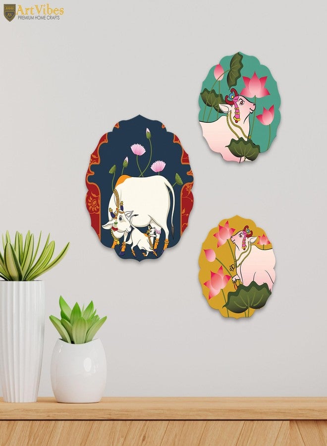 Artvibes Sacred Cow Pichwai Art Round Shape MDF Wooden Wall Decor Items | Living Room | Handcrafted Art | Wall Poster | Aesthetic Wooden Decor | Art Print | Unique Gift Items (WH_8814N), Set of 3 - Image 2